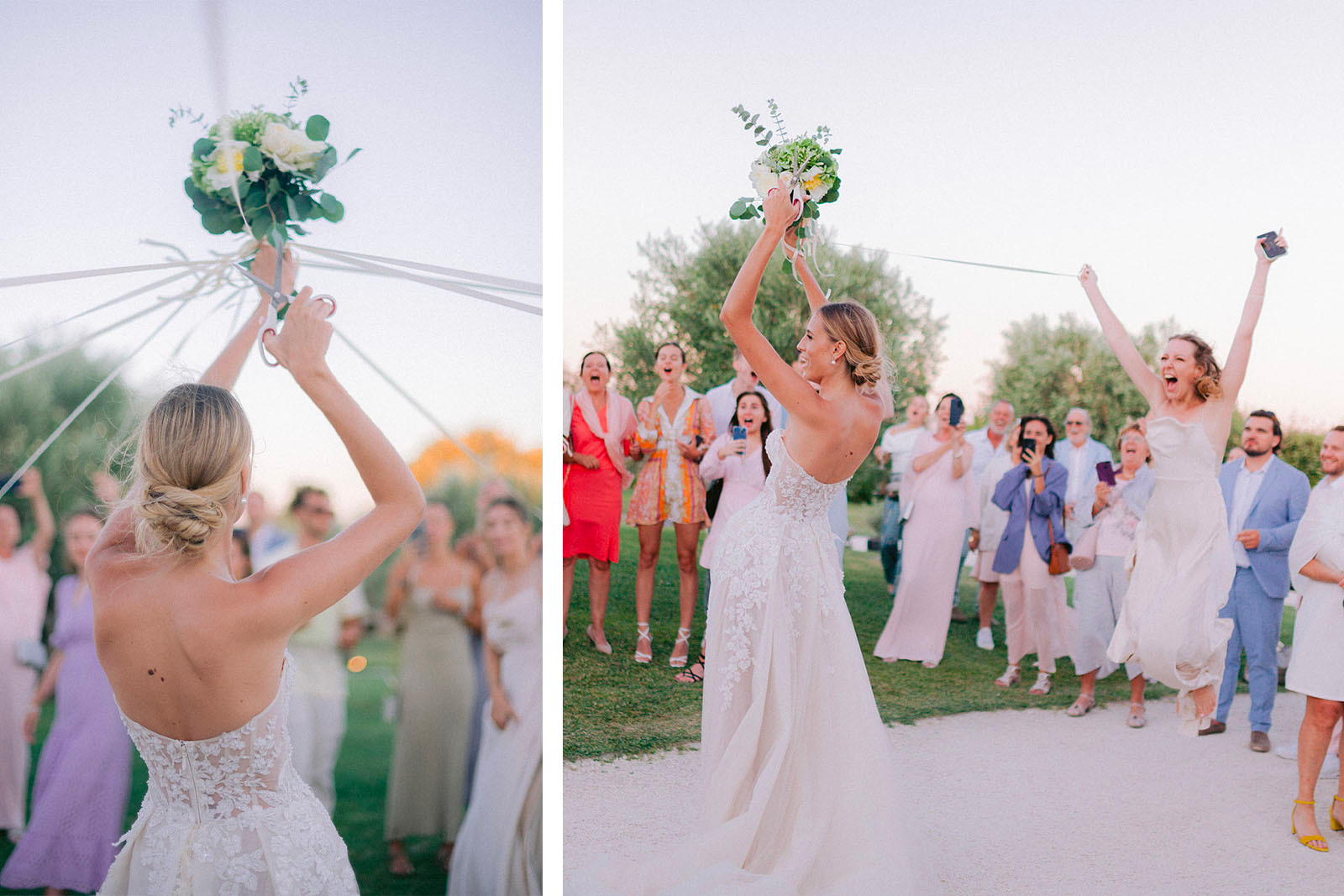 une mariée lance son bouquet avec les rubans